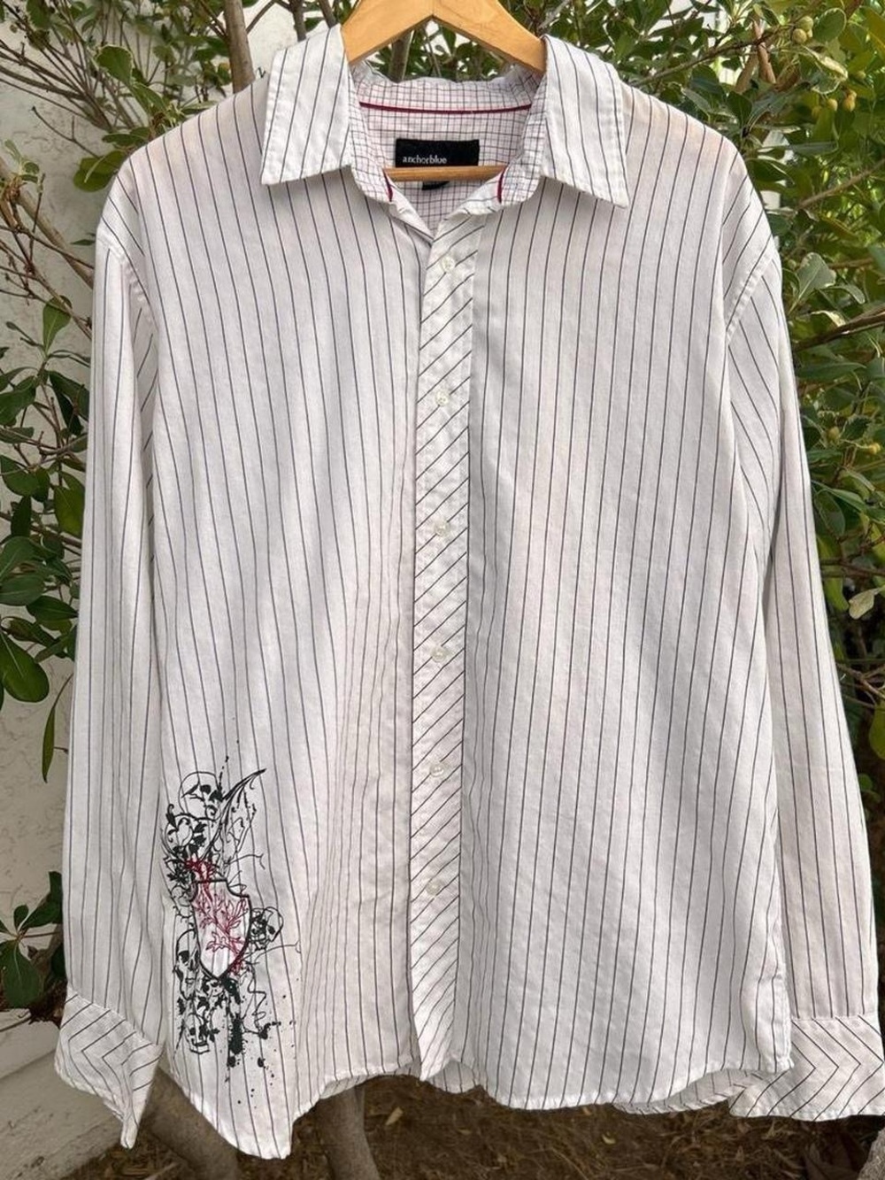 Vintage 2000s Anchor Blue Skull Pinstripe Button Up Shirt XL